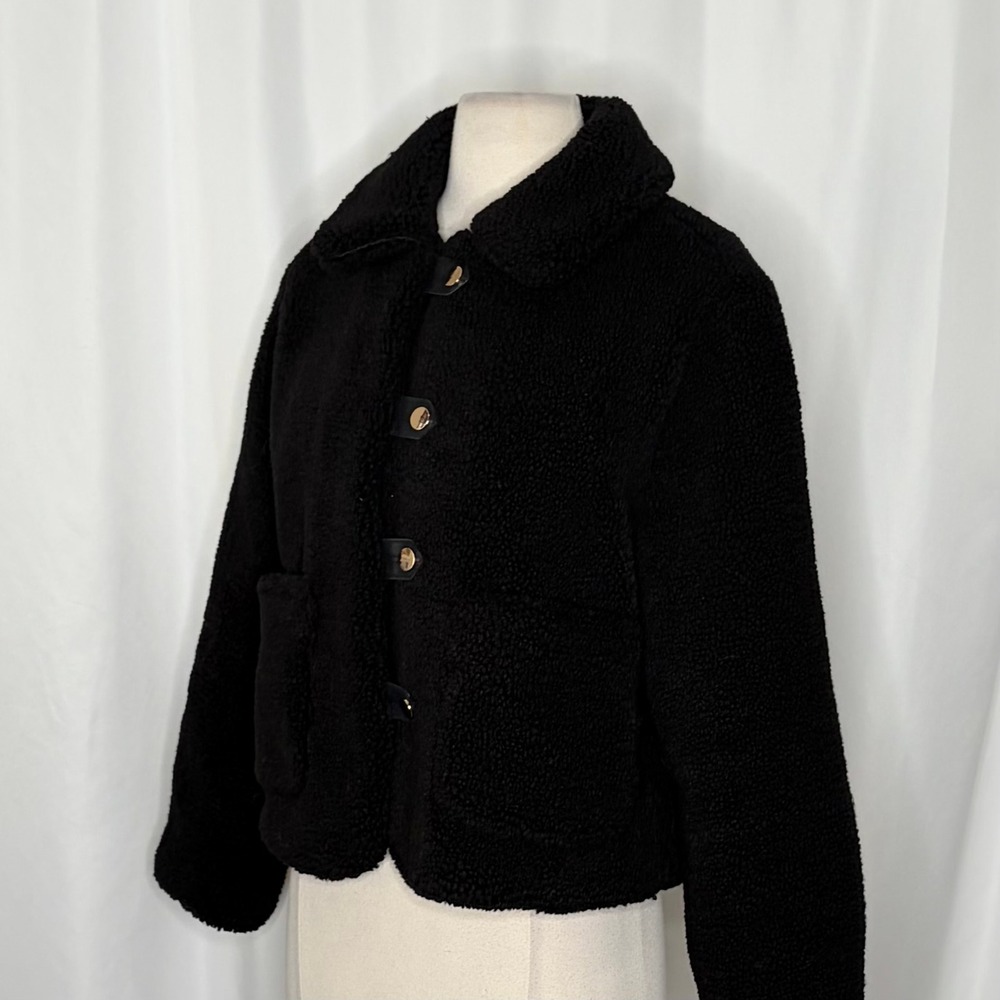 ZARA Black Sherpa Fuzzy Fleece Teddy Coat‎ Faux Shearling Snaps Pockets Small - Picture 8 of 16